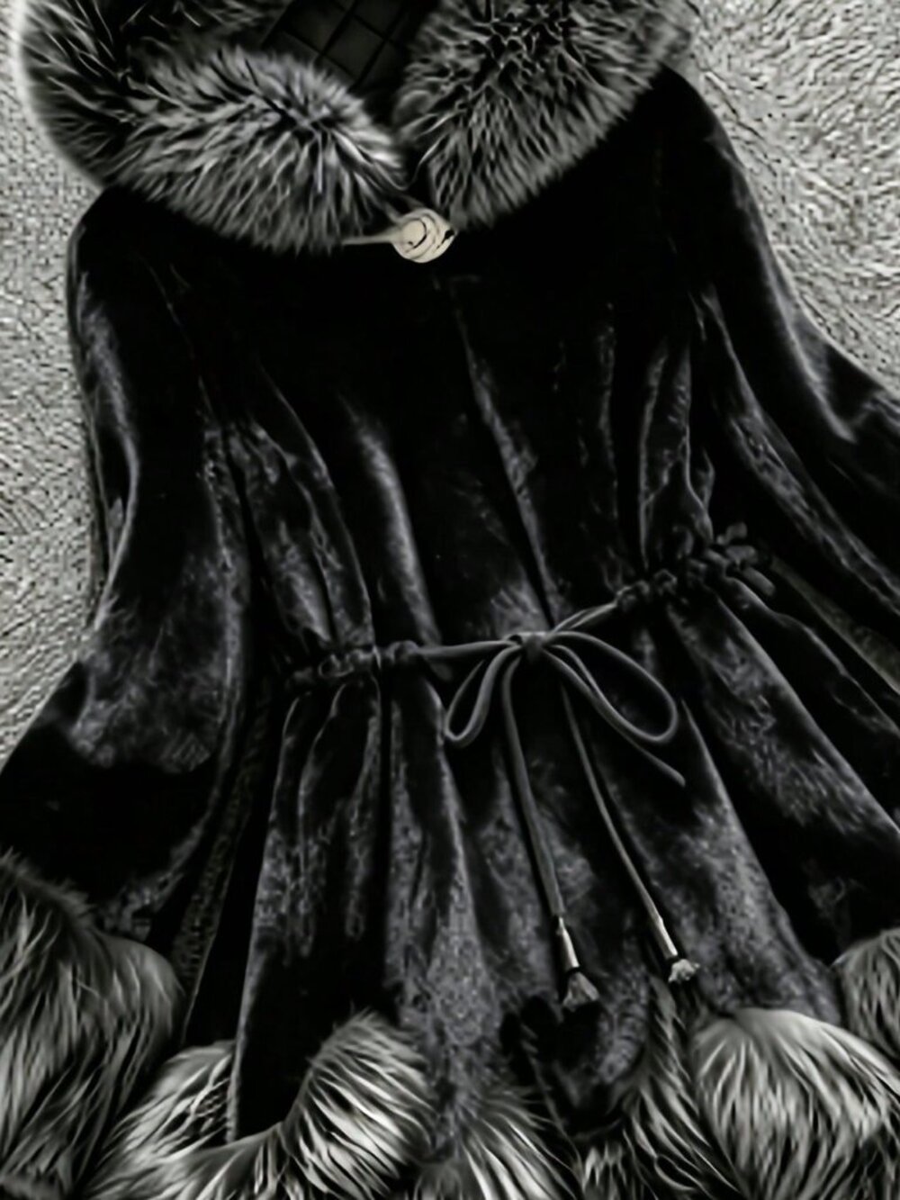 Black Casual Women's Contrast Faux Fur Drawstring Knot Loose Fit Hooded Coat